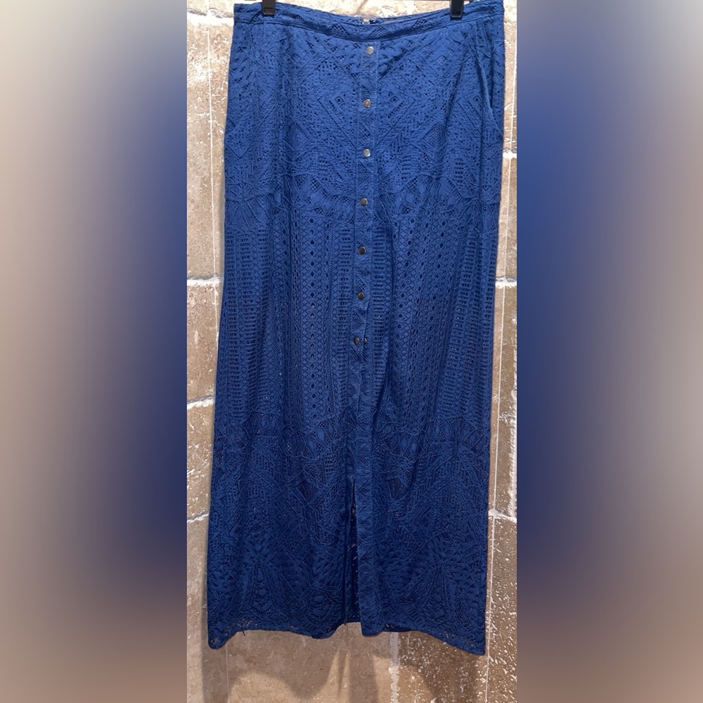 BCBGMaxAzria Navy Crochet Button-Front Maxi Skirt